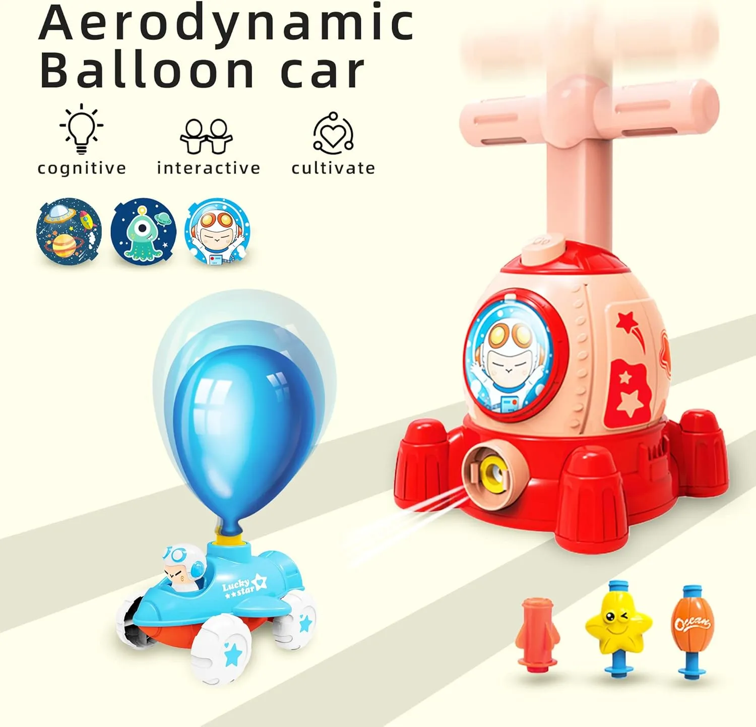 Rocket Balloons with Pump,Balloon Powered Toy Car with 12 PCS Balloons and Car Launcher Tower, Party Supplies Balloon Toys for Kids Ages 3  (Rocket-Red)