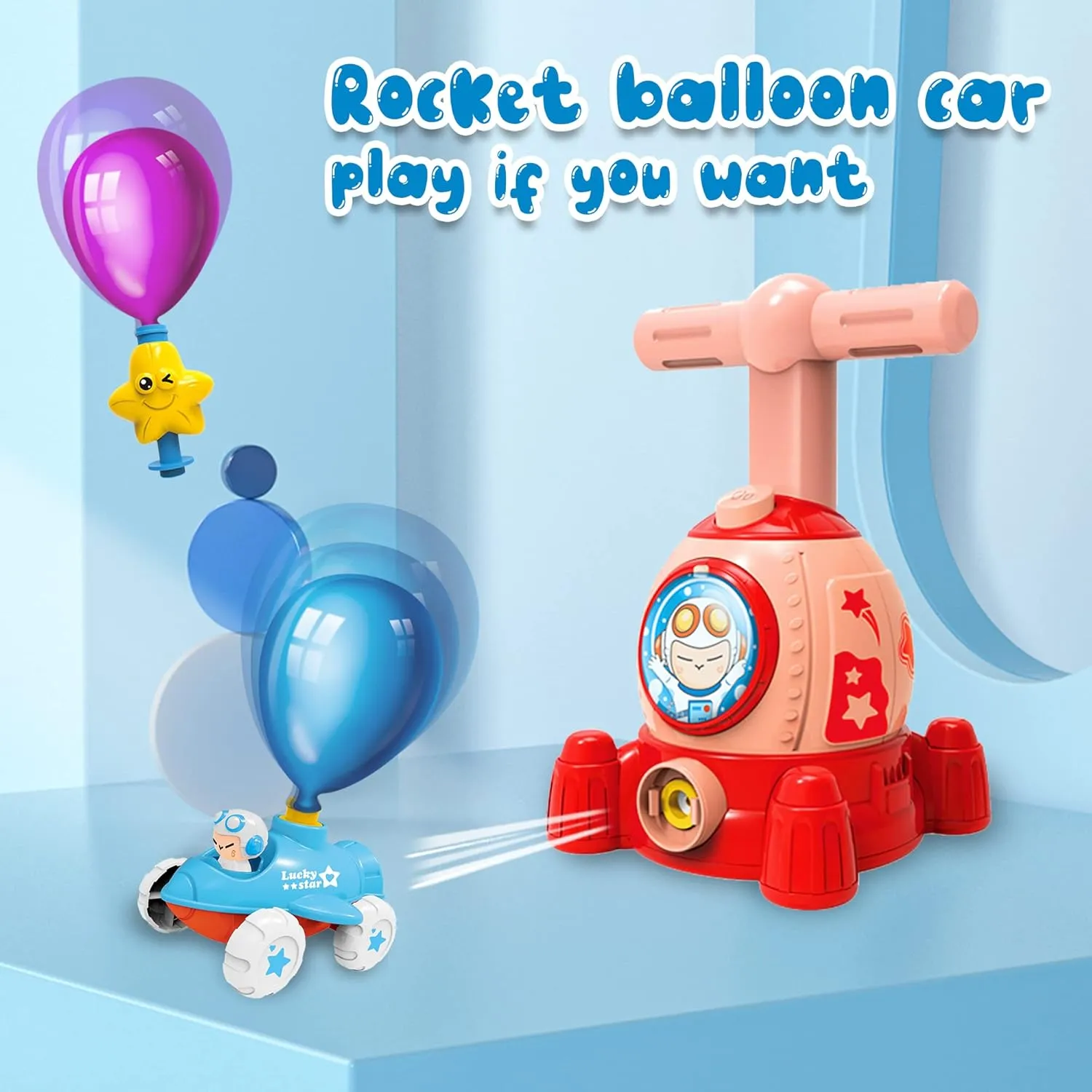 Rocket Balloons with Pump,Balloon Powered Toy Car with 12 PCS Balloons and Car Launcher Tower, Party Supplies Balloon Toys for Kids Ages 3  (Rocket-Red)