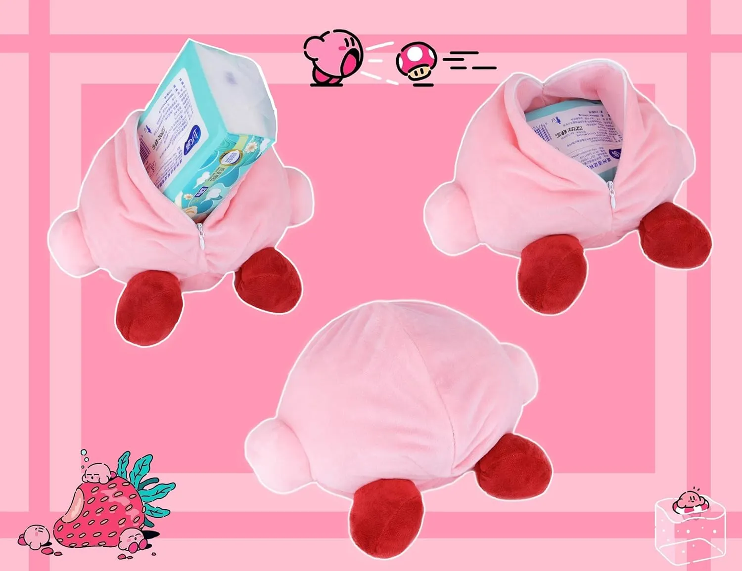 Roffatide Anime Kirby Tissue Box Cartoon Plush Doll Tissue Cover Creative Paper Holder Napkin Box Paper Storage for Car Home Bathroom