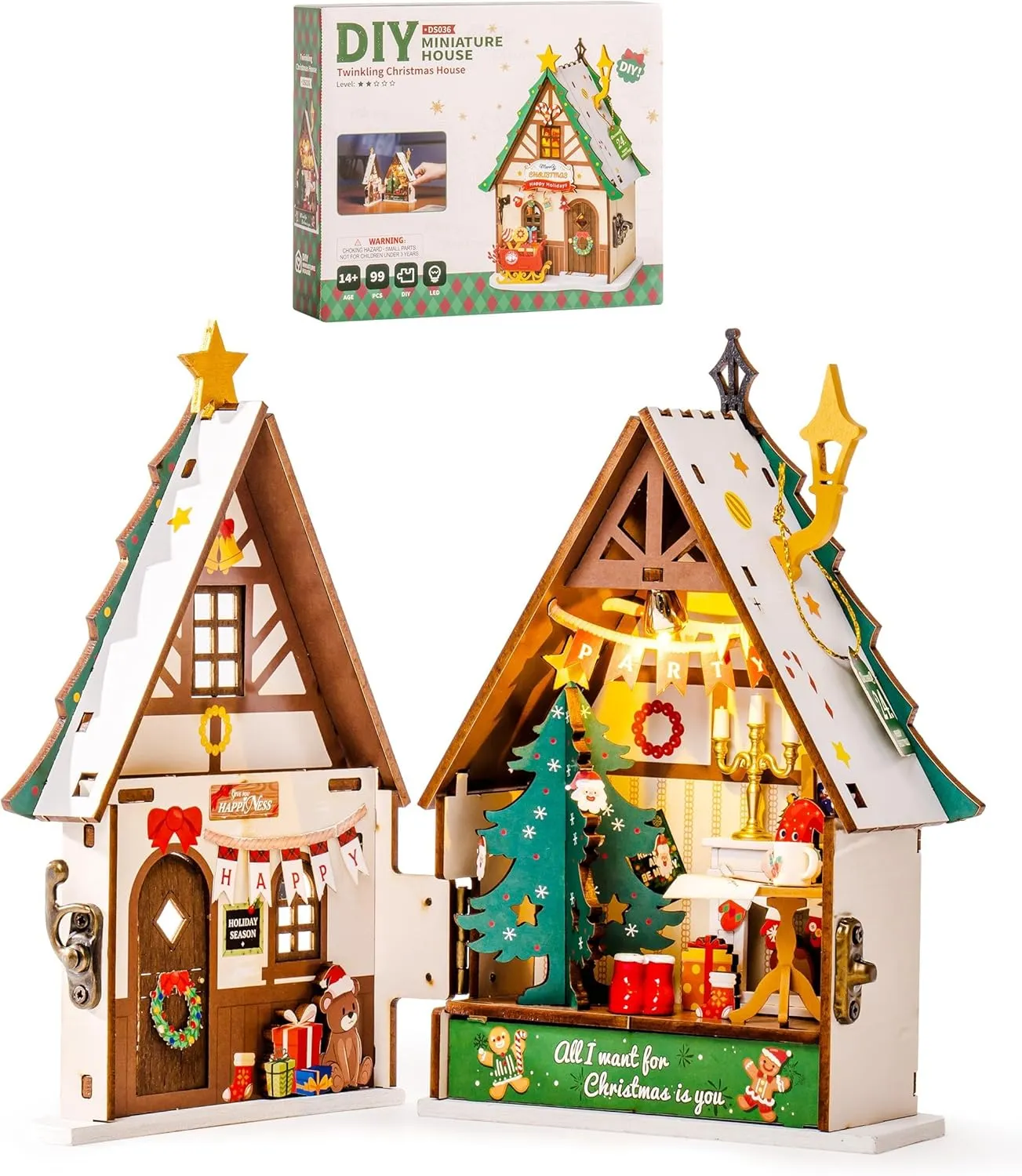 Rolife Miniature House Kit, DIY Miniature Wooden Dollhouse Kit for Adults to Build, Collectible 3D Wooden Puzzle Building Home Decor, Christmas Birthday Gift for Kids Teens-Twinkling Christmas House