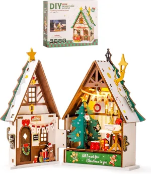 Rolife Miniature House Kit, DIY Miniature Wooden Dollhouse Kit for Adults to Build, Collectible 3D Wooden Puzzle Building Home Decor, Christmas Birthday Gift for Kids Teens-Twinkling Christmas House