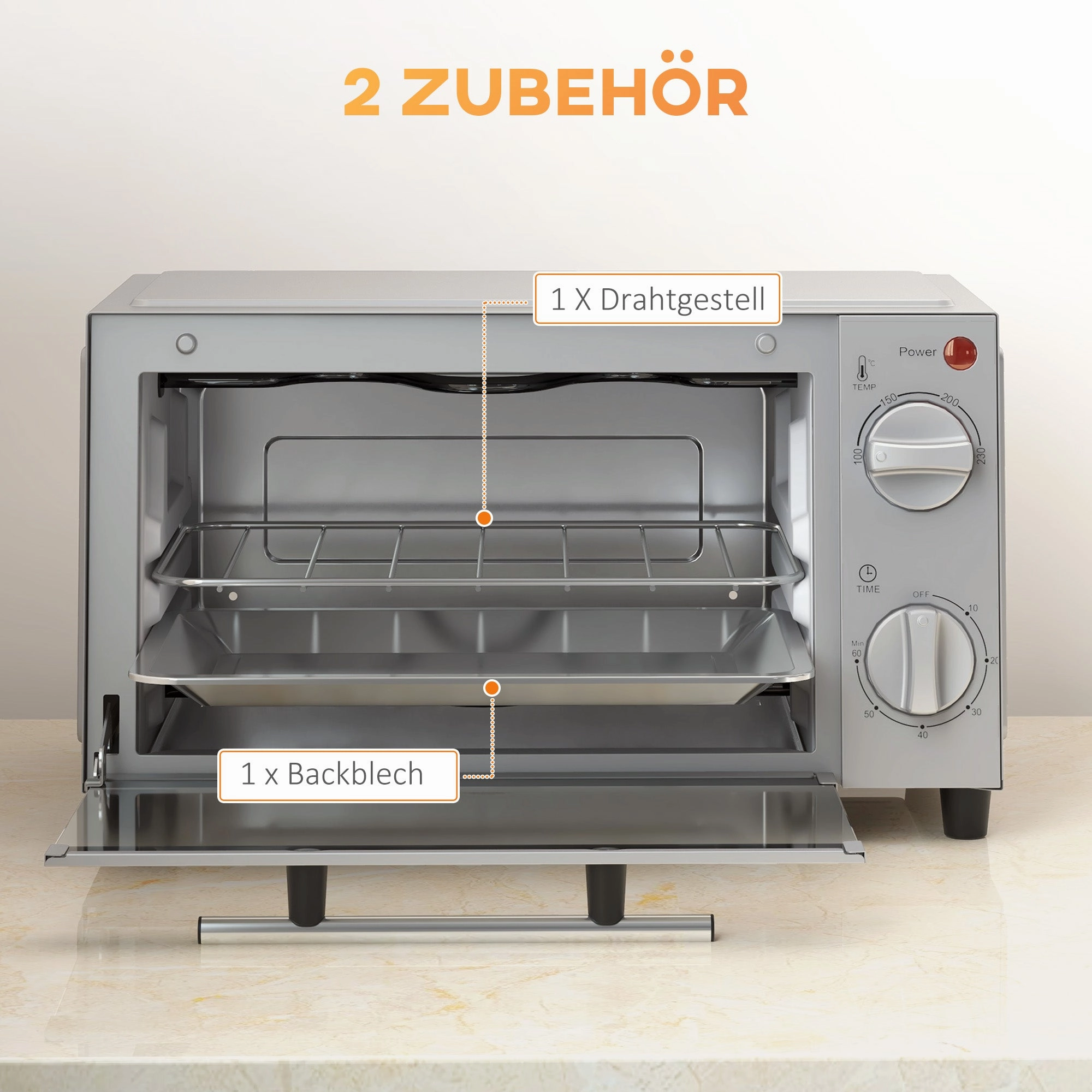 Rootz Mini Oven - Compact Electric Oven - Small Toaster Oven - Adjustable Cooking - 35cm x 24.6cm x 20cm - Stainless Steel, Grey