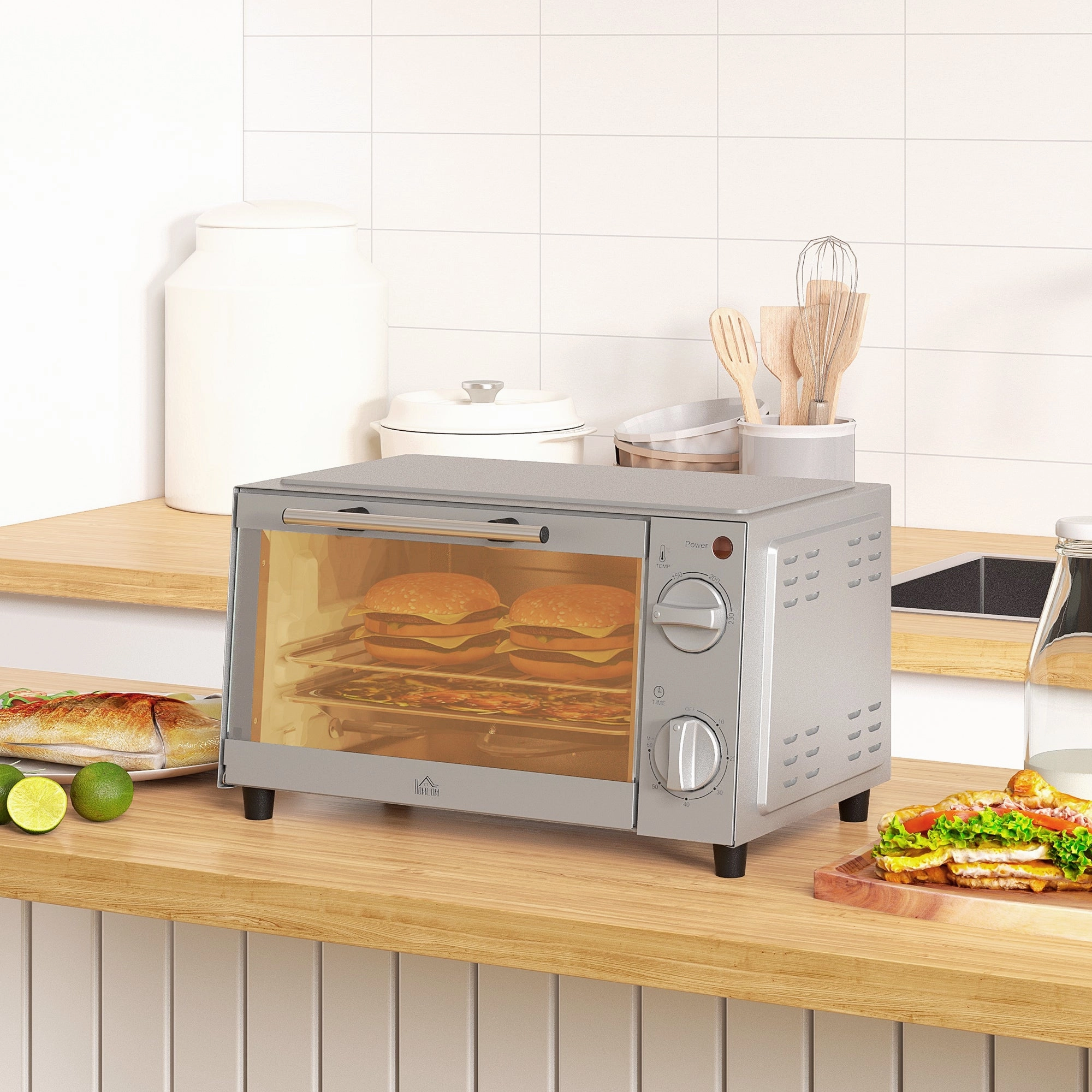 Rootz Mini Oven - Compact Electric Oven - Small Toaster Oven - Adjustable Cooking - 35cm x 24.6cm x 20cm - Stainless Steel, Grey
