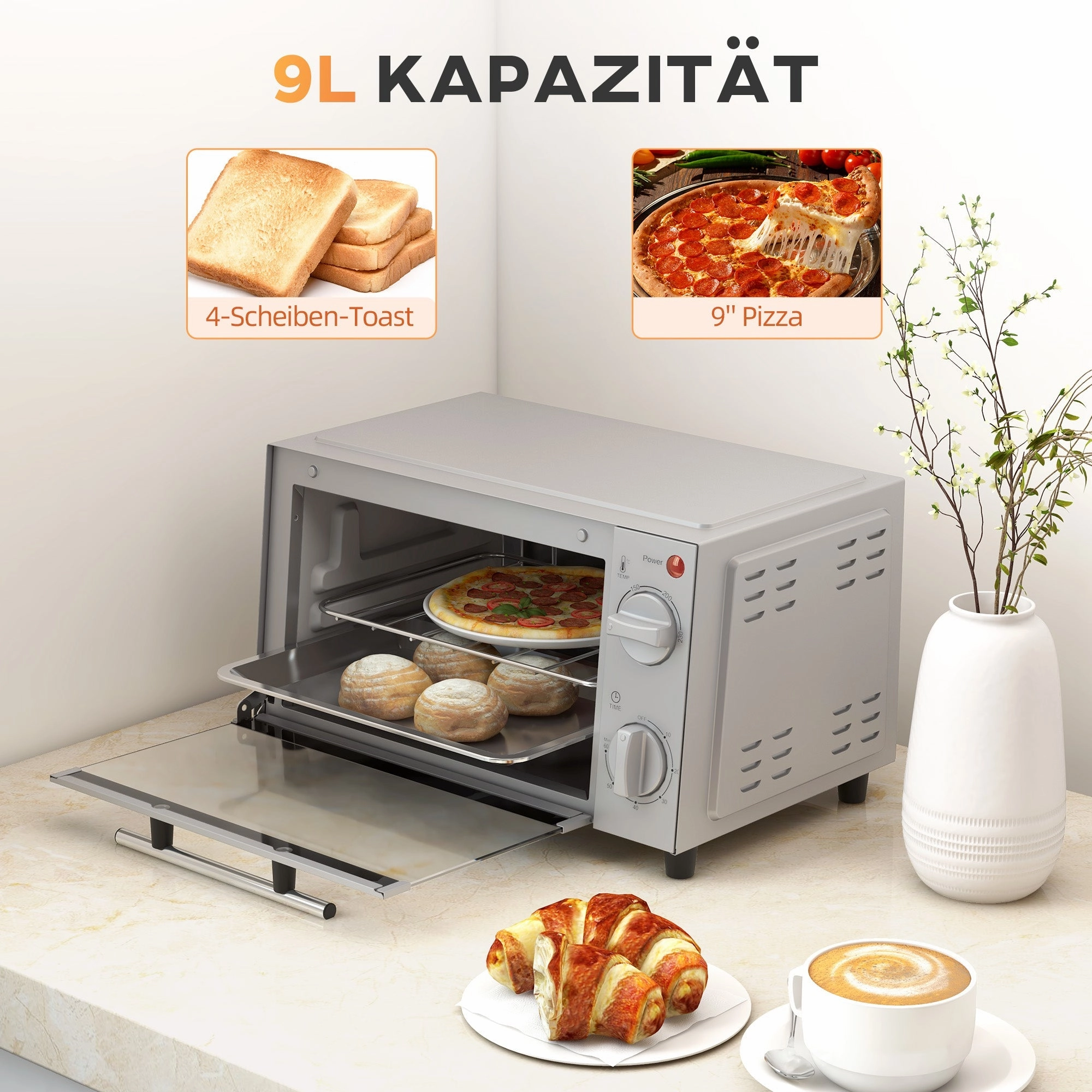 Rootz Mini Oven - Compact Electric Oven - Small Toaster Oven - Adjustable Cooking - 35cm x 24.6cm x 20cm - Stainless Steel, Grey