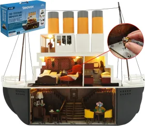 Rovox DIY Miniature Dollhouse Kit Build Yourself DIY Titanic Ship with Furniture Crafts Tiny Home Kit House Building Kit Model with LED Lights and Music for Adults Teens Gift Idea for 14 