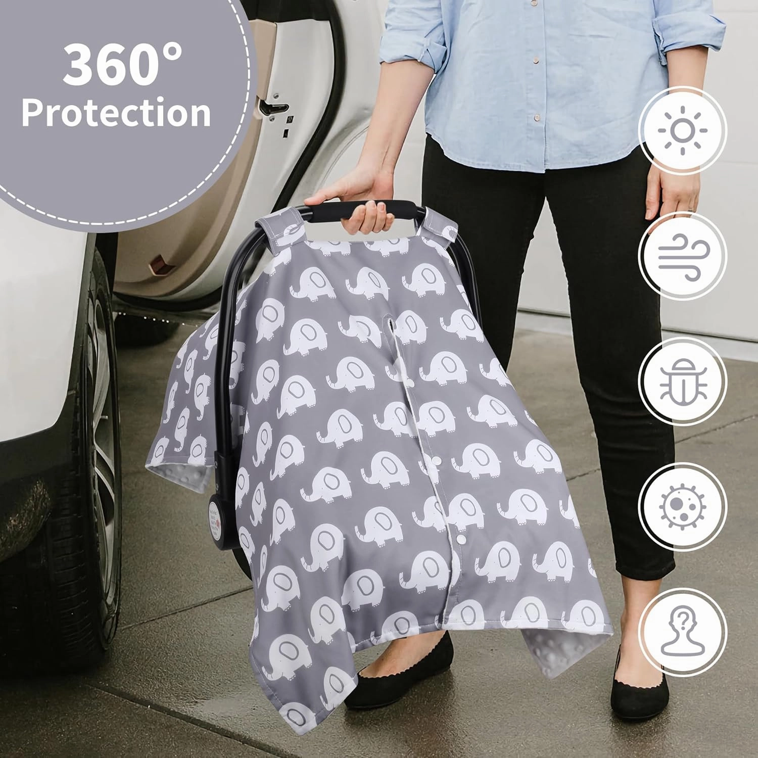 Rquite Car Seat Cover Baby, Carseat Covers for Boy Girl, Minky Infant Car Seat Cover Winter, Peekaboo Opening Car Seat Canopy, Multiuse Baby Carrier, Stroller, Nursing Cover, Minky Blanket, Elephant
