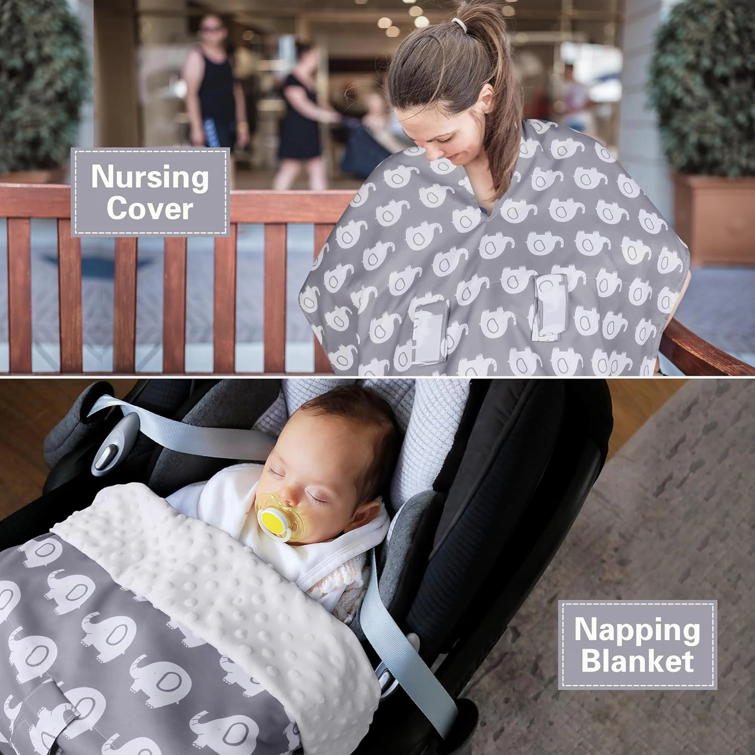 Rquite Car Seat Cover Baby, Carseat Covers for Boy Girl, Minky Infant Car Seat Cover Winter, Peekaboo Opening Car Seat Canopy, Multiuse Baby Carrier, Stroller, Nursing Cover, Minky Blanket, Elephant