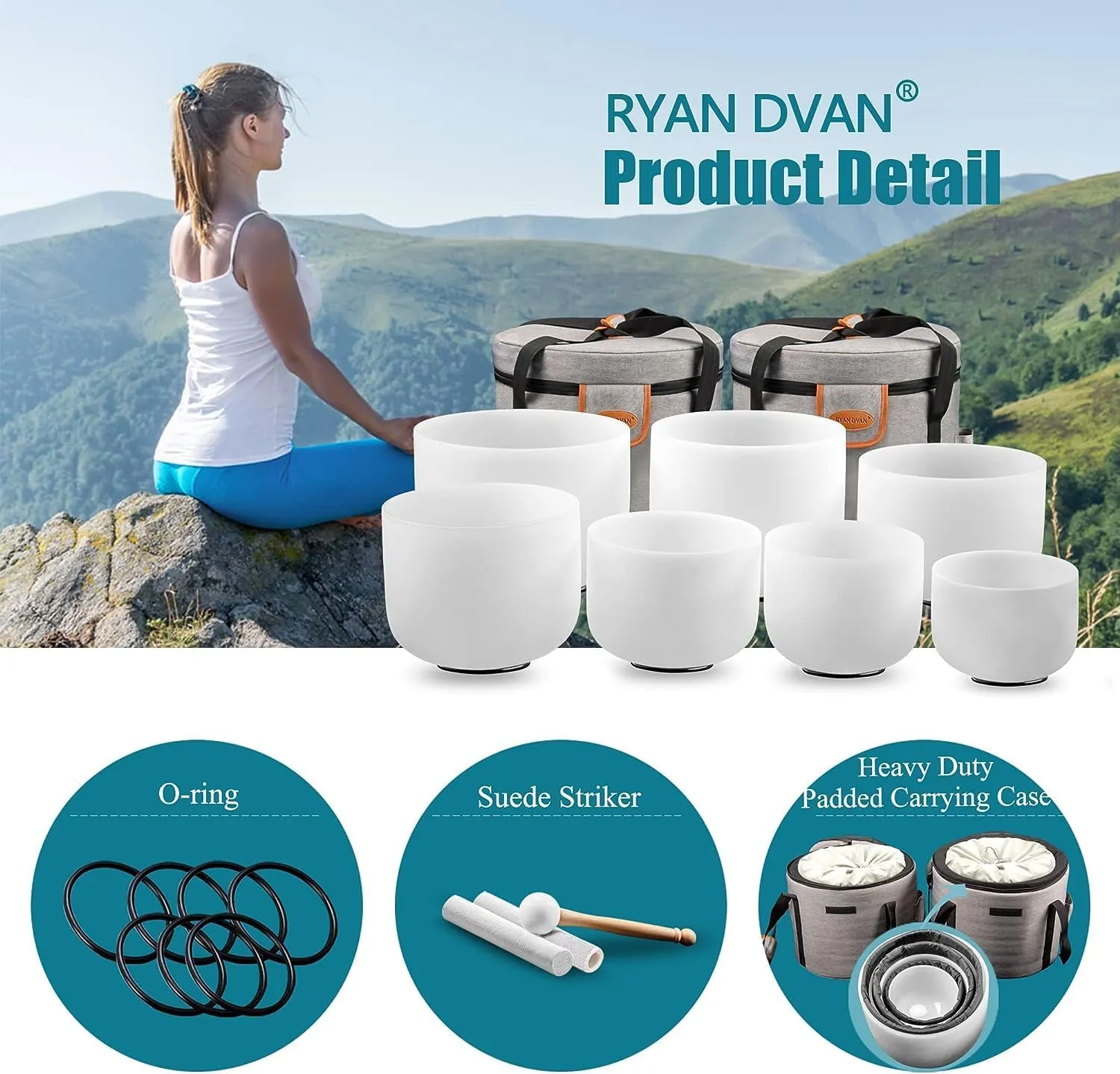 RYAN DVAN 432 hz 7-12 Inch Set of 7 Chakra Symbol Design Frosted Quartz Crystal Singing Bowl Set with Free 2 pcs Carrying Case