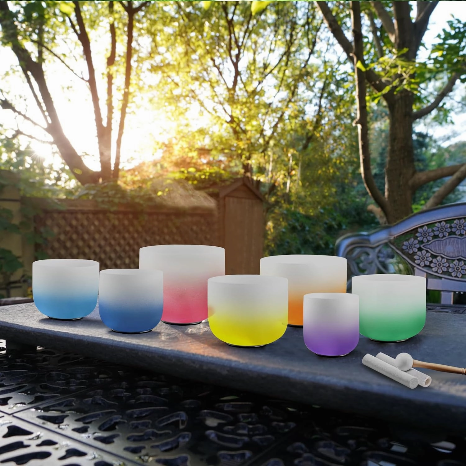 RYAN DVAN 432 hz 7-12 Inch Set of 7 Pcs Gradient Design Quartz Crystal Singing Bowl Chakra Set with Free 2 pcs Carrying Case
