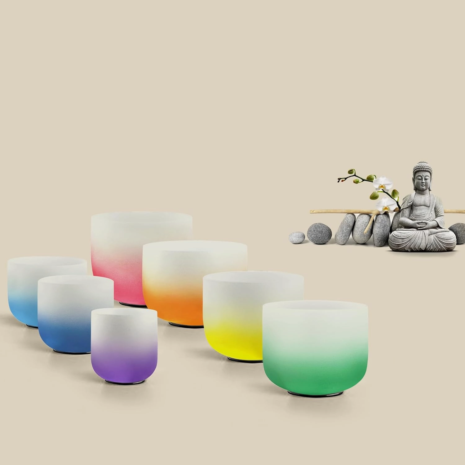 RYAN DVAN 432 hz 7-12 Inch Set of 7 Pcs Gradient Design Quartz Crystal Singing Bowl Chakra Set with Free 2 pcs Carrying Case