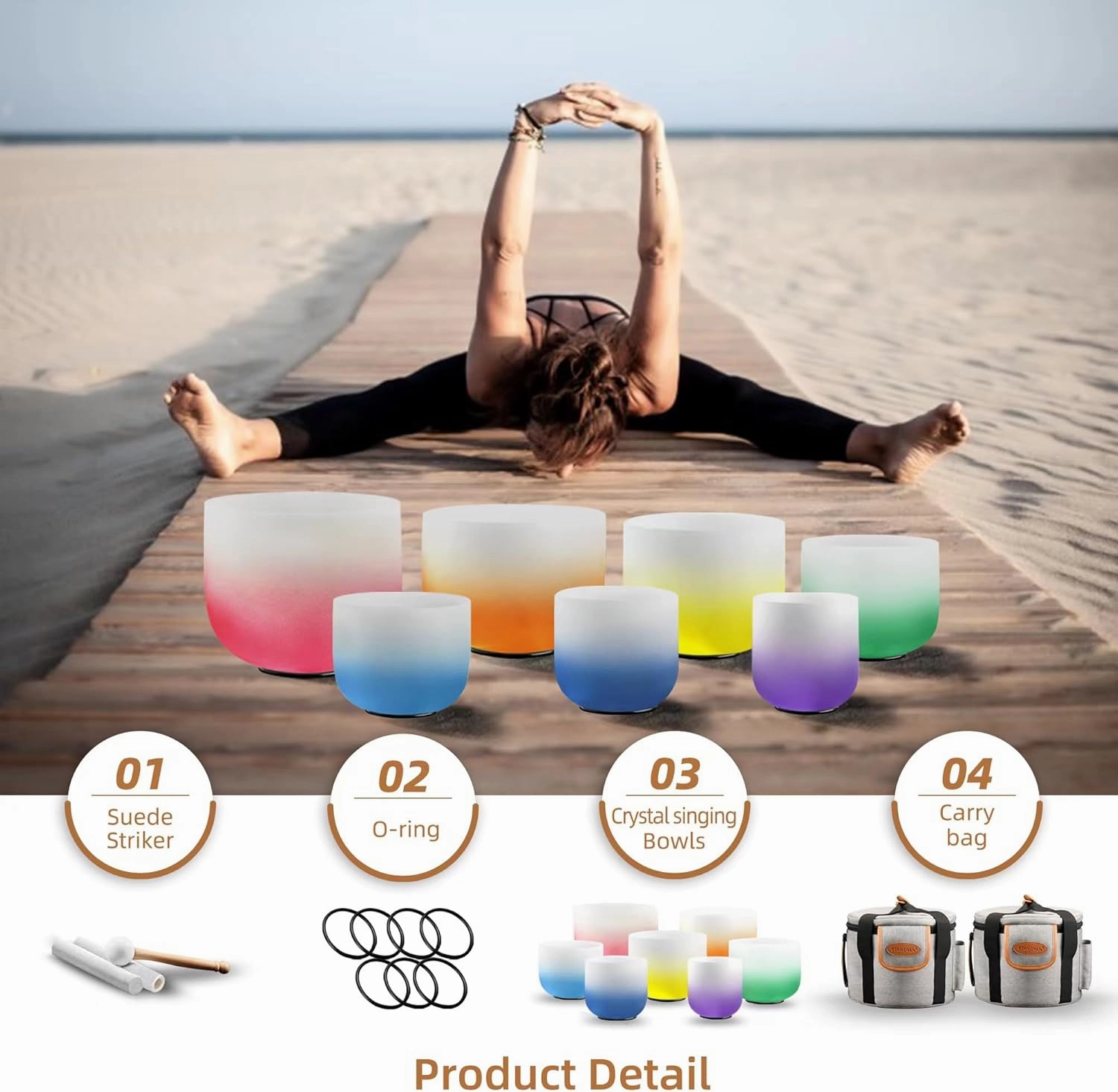 RYAN DVAN 432 hz 7-12 Inch Set of 7 Pcs Gradient Design Quartz Crystal Singing Bowl Chakra Set with Free 2 pcs Carrying Case