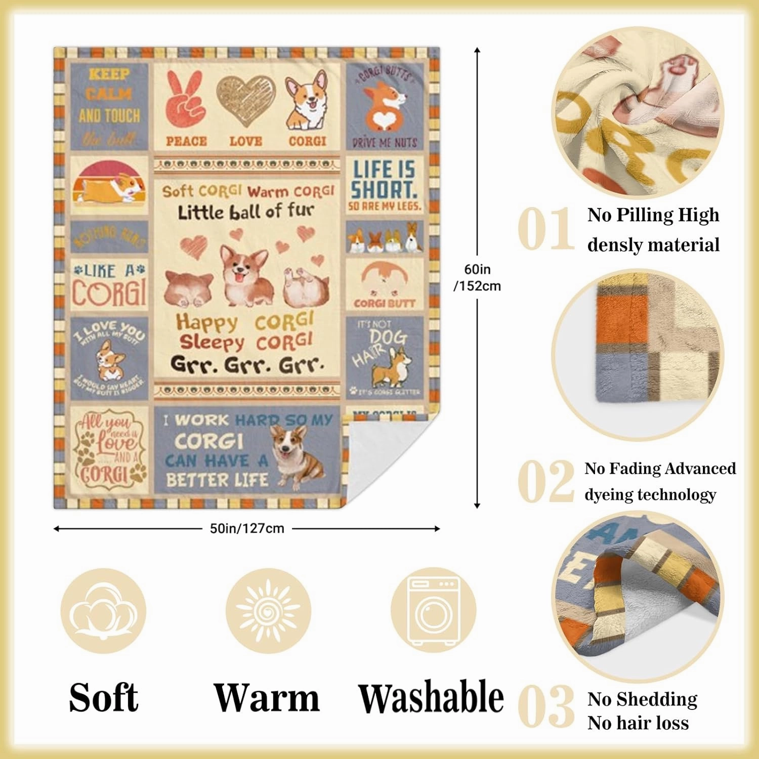 Ryubein Corgi Blanket 50" X 60" - Cute Dog Lovers Gift for Kids, Girls, Boys, Adults, Women, Men - All Ages