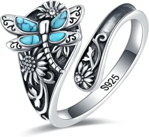 S925-Sterling-Silver Turquoise Dragonfly/Butterfly Spoon Ring - Vintage Boho Sunflower Thumb Rings Oxidized Wrap Ring Victorian Style Antique Floral Jewelry Gifts for Women