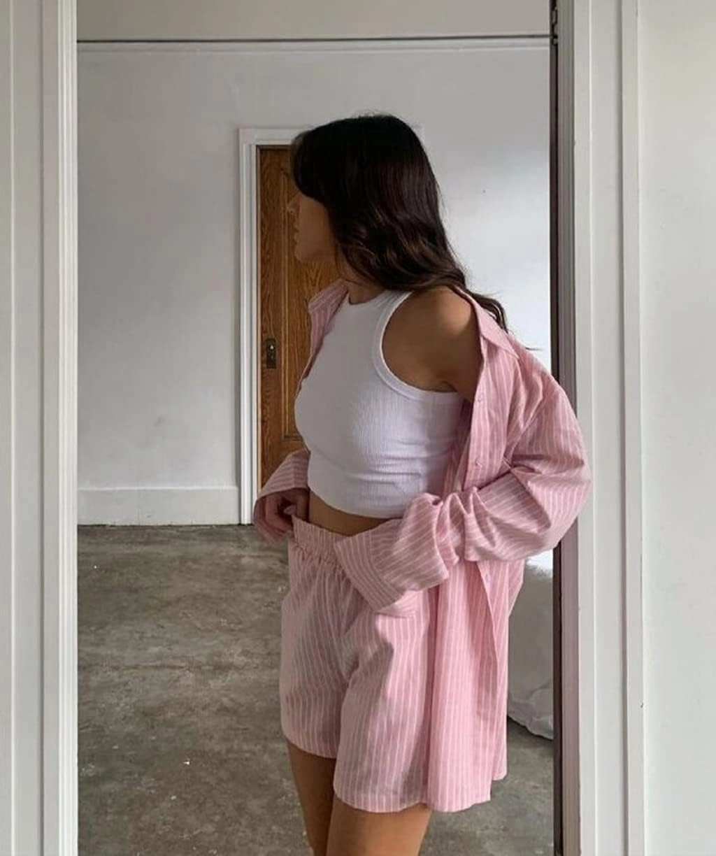 SAFRISIOR Women’s 2 Piece Casual Tracksuit Outfit Sets Stripe Long Sleeve Shirt And Loose High Waisted Mini Shorts Set
