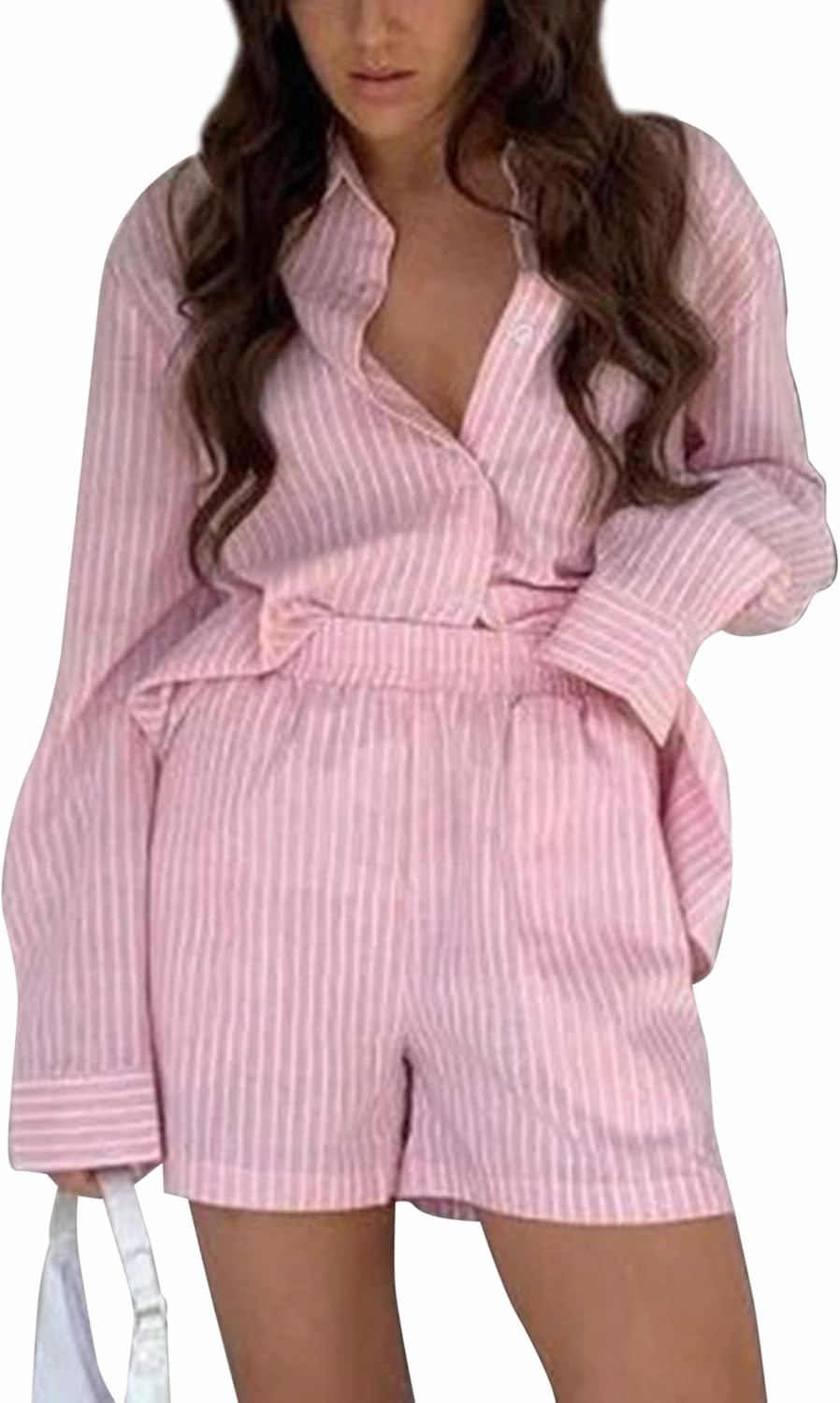 SAFRISIOR Women’s 2 Piece Casual Tracksuit Outfit Sets Stripe Long Sleeve Shirt And Loose High Waisted Mini Shorts Set