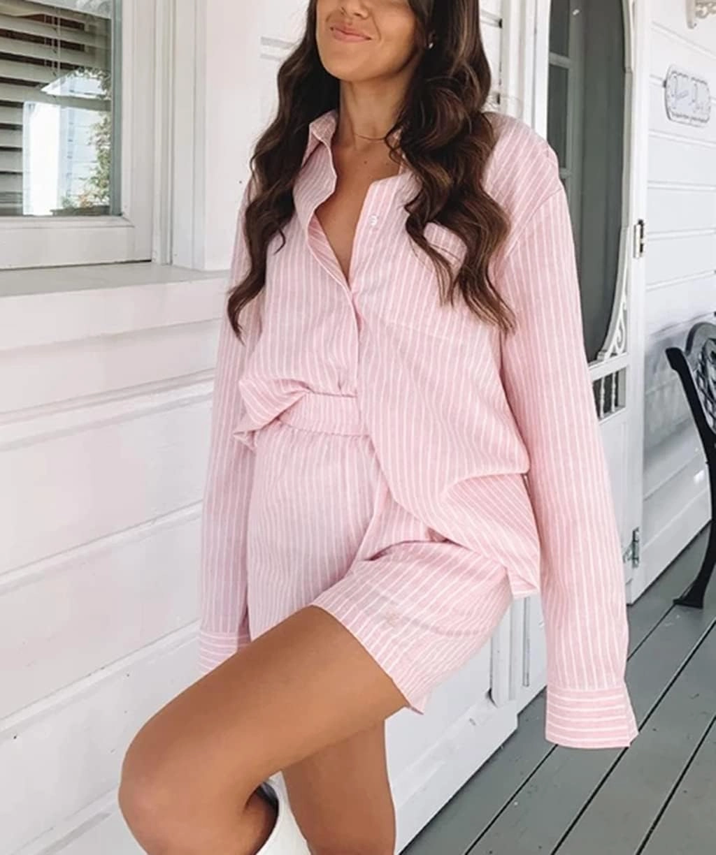 SAFRISIOR Women’s 2 Piece Casual Tracksuit Outfit Sets Stripe Long Sleeve Shirt And Loose High Waisted Mini Shorts Set