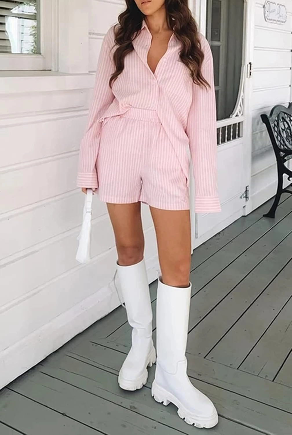 SAFRISIOR Women’s 2 Piece Casual Tracksuit Outfit Sets Stripe Long Sleeve Shirt And Loose High Waisted Mini Shorts Set