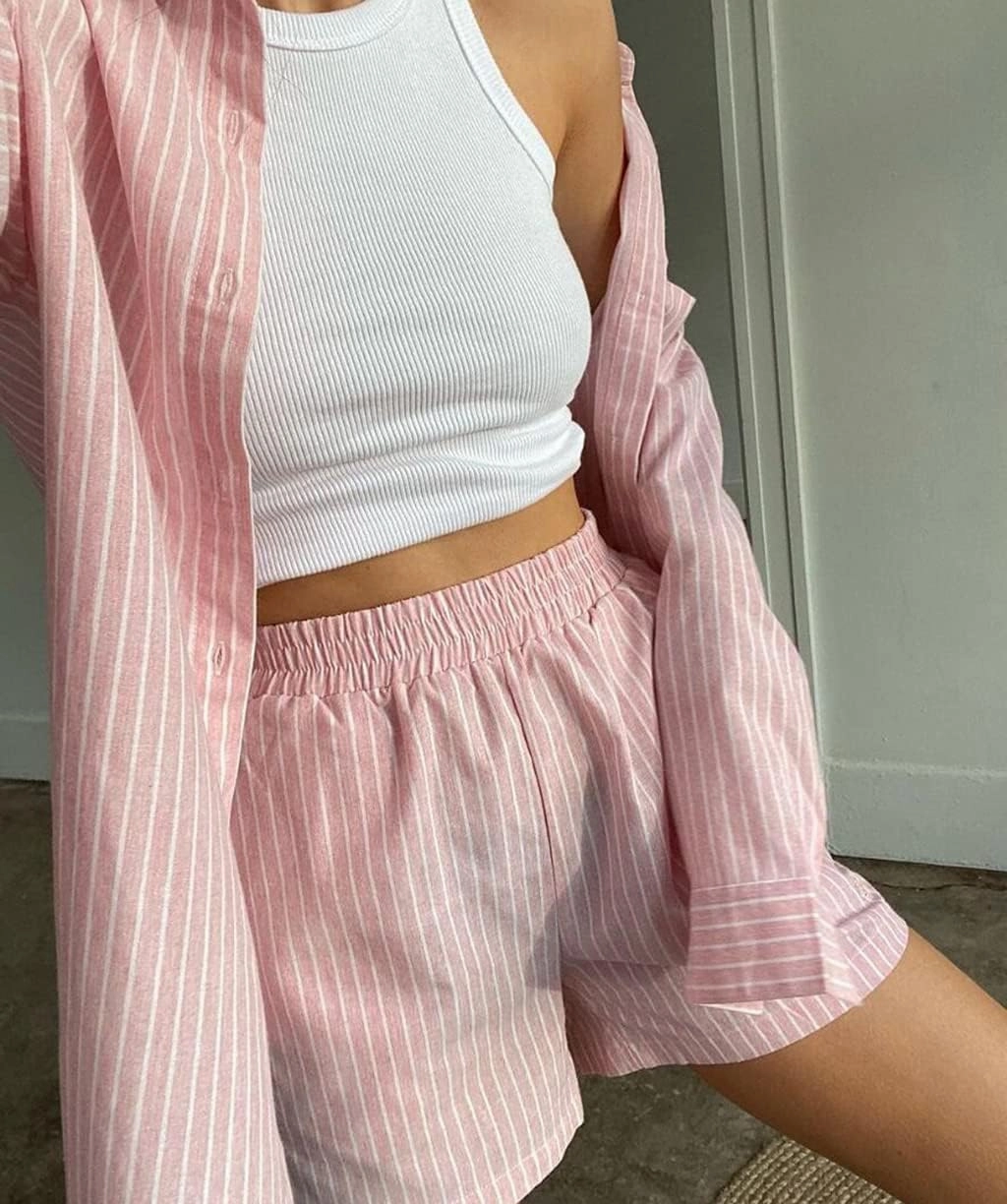 SAFRISIOR Women’s 2 Piece Casual Tracksuit Outfit Sets Stripe Long Sleeve Shirt And Loose High Waisted Mini Shorts Set