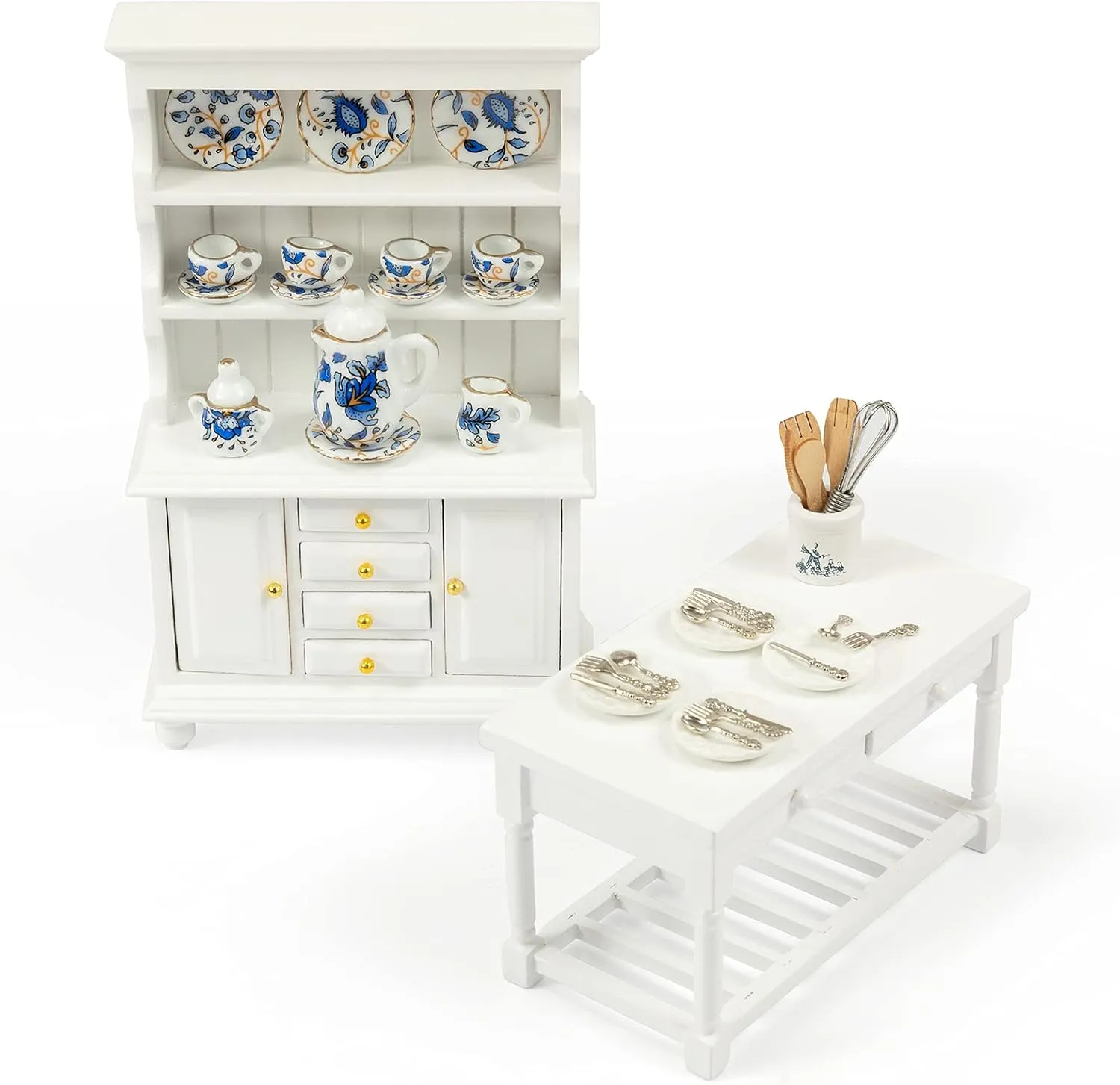 SAMCAMI Wooden Dollhouse Furniture Set - Miniature Dollhouse Furniture 1 12 Scale for Dollhouse Kitchen - Doll House Furniture Toys Incl Kitchen Island, Cabinet, Tea Cup Set and Other Accessories