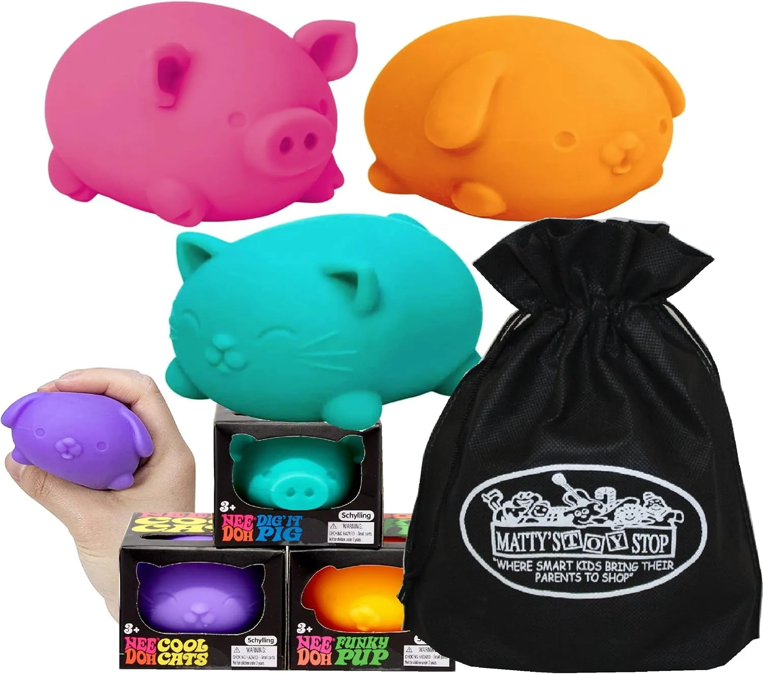 Schylling Nee Doh Cool Cats, Dig' It Pig & Funky Pup...Groovy, Squishy, Squeezy, Stretchy Stress Fidget Animals Gift Set Bundle with Storage Bag - 3 Pack (Assorted)