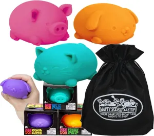 Schylling Nee Doh Cool Cats, Dig' It Pig & Funky Pup...Groovy, Squishy, Squeezy, Stretchy Stress Fidget Animals Gift Set Bundle with Storage Bag - 3 Pack (Assorted)