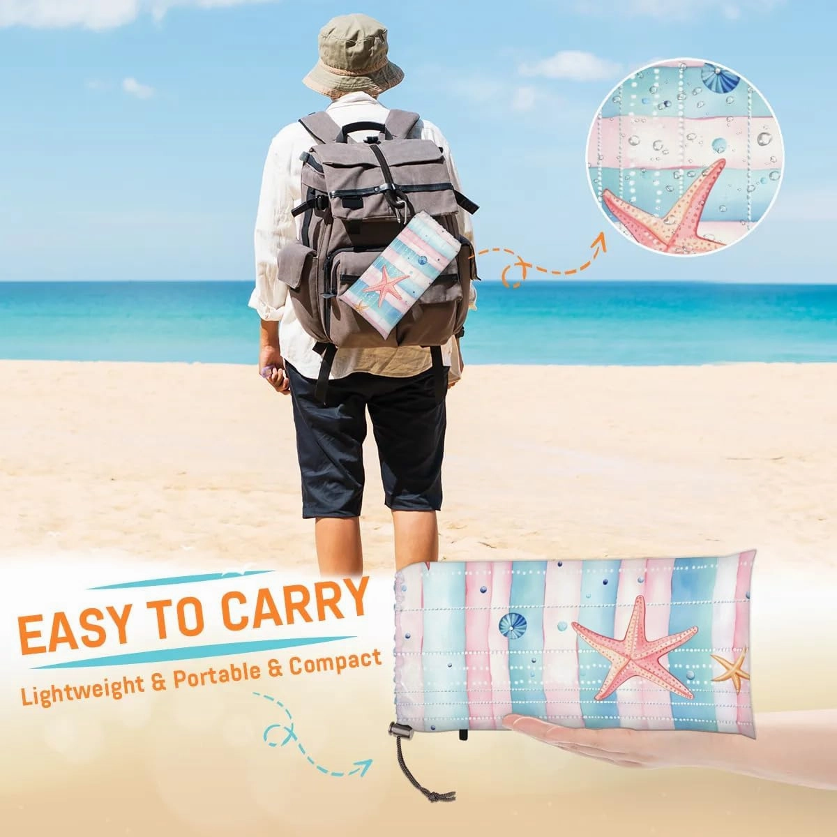 Seashell Starfish Beach Blanket, Sandproof Beach Mat, 68 x 59 Waterproof Quick Drying Sand Free Mat with 4 x Ground Spikes for Outdoor Travel Camping Hiking, Nautical Starfish Farmhouse