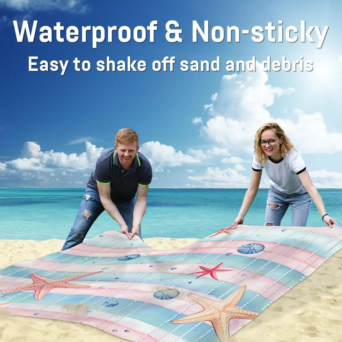Seashell Starfish Beach Blanket, Sandproof Beach Mat, 68 x 59 Waterproof Quick Drying Sand Free Mat with 4 x Ground Spikes for Outdoor Travel Camping Hiking, Nautical Starfish Farmhouse