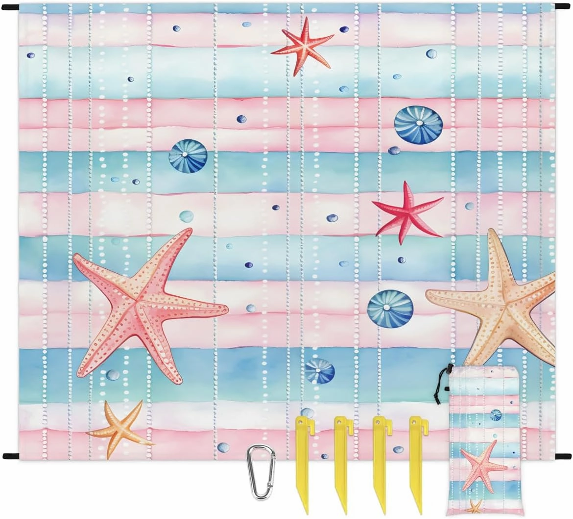 Seashell Starfish Beach Blanket, Sandproof Beach Mat, 68 x 59 Waterproof Quick Drying Sand Free Mat with 4 x Ground Spikes for Outdoor Travel Camping Hiking, Nautical Starfish Farmhouse