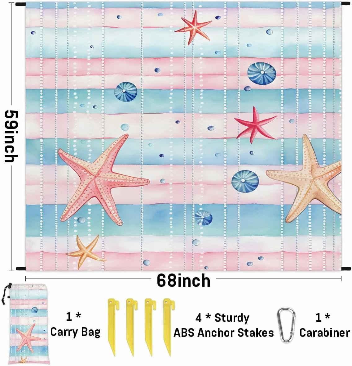 Seashell Starfish Beach Blanket, Sandproof Beach Mat, 68 x 59 Waterproof Quick Drying Sand Free Mat with 4 x Ground Spikes for Outdoor Travel Camping Hiking, Nautical Starfish Farmhouse