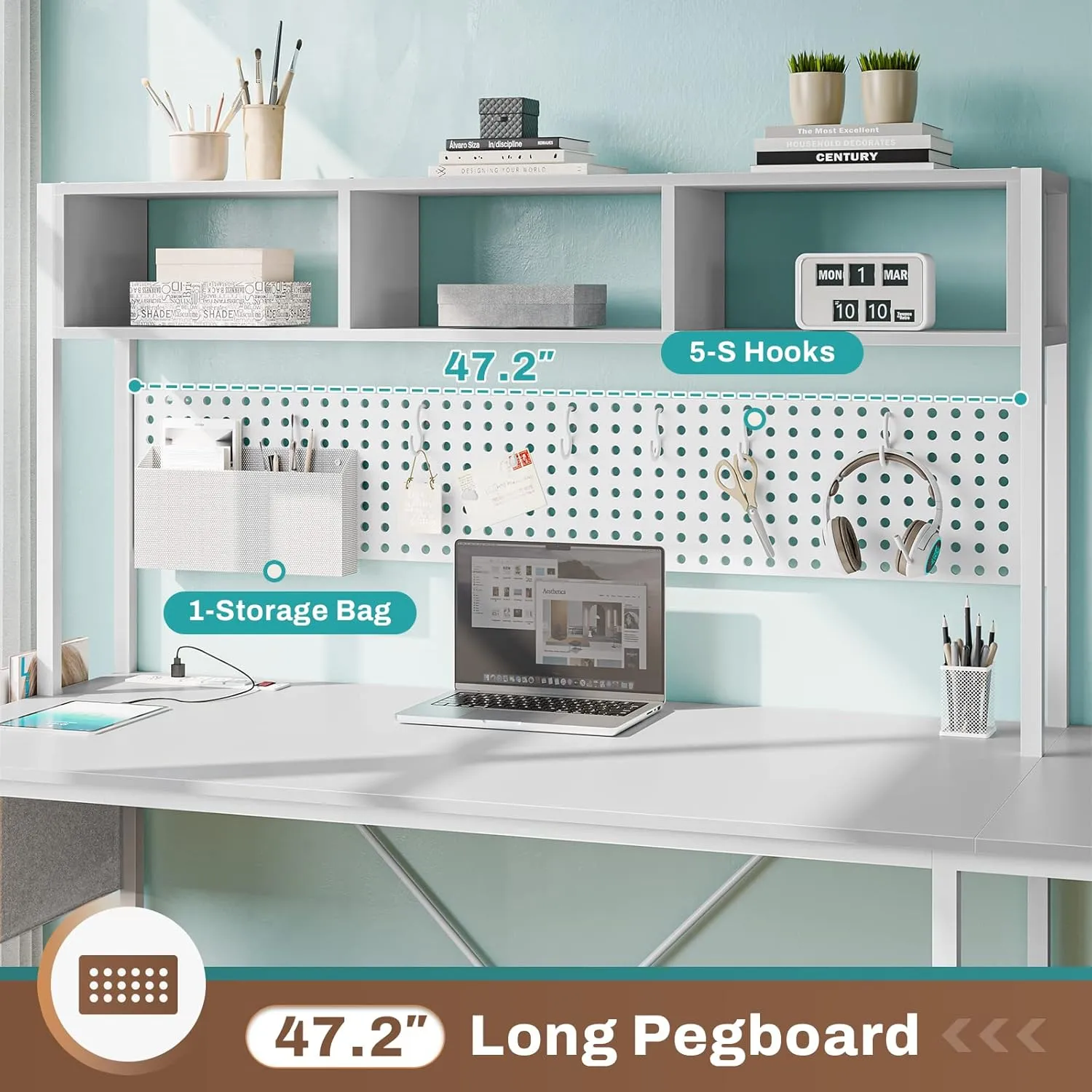SEDETA White L Shaped Gaming Desk, Reversible Corner With Power Outlet and Pegboard, Hutch, Storage Shelf, Keyboard Tray, and LED Lights for Home Office