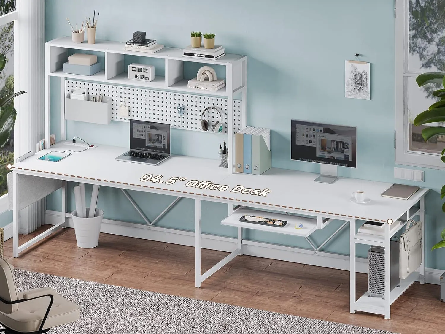 SEDETA White L Shaped Gaming Desk, Reversible Corner With Power Outlet and Pegboard, Hutch, Storage Shelf, Keyboard Tray, and LED Lights for Home Office