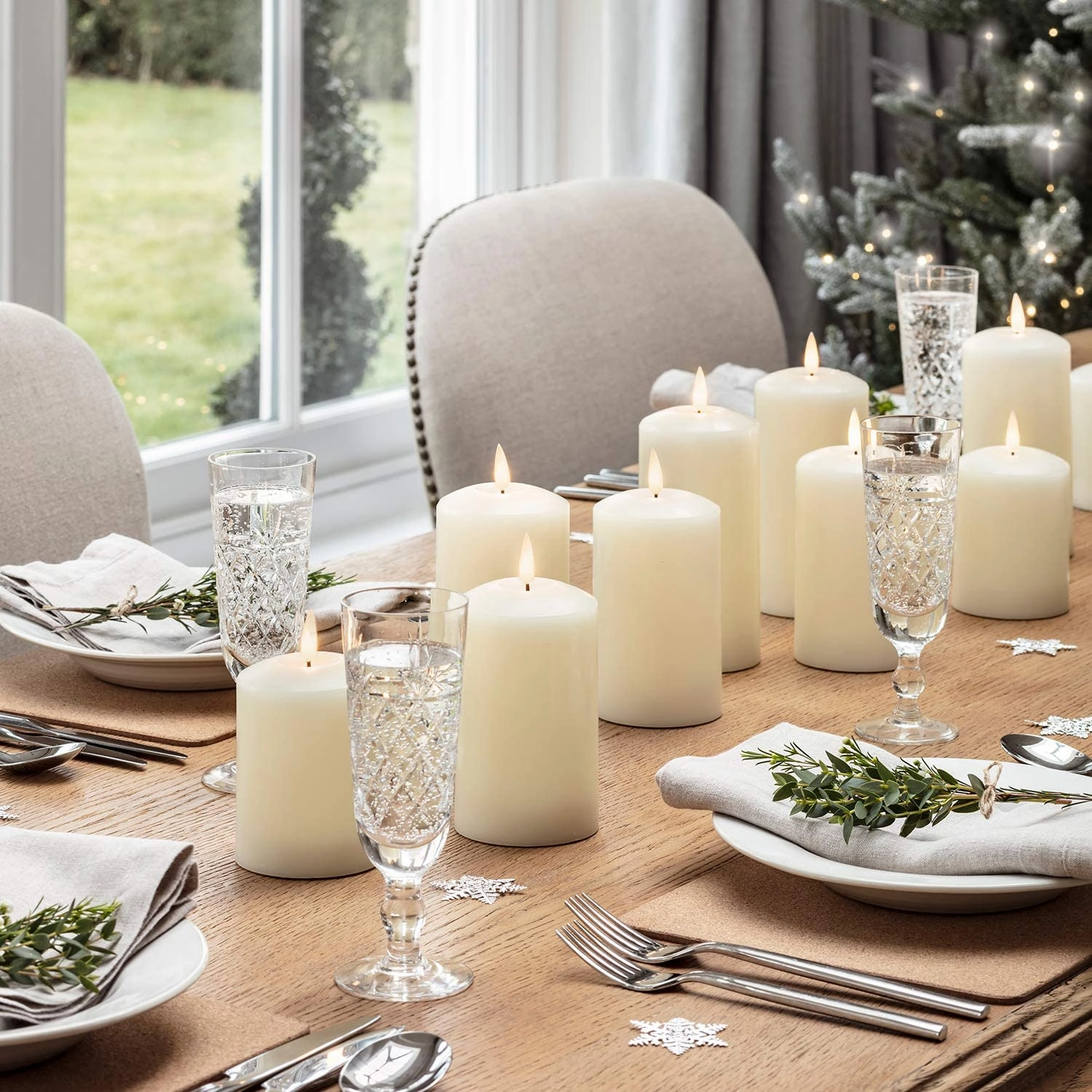 Set of 2 LED Ivory Wax Pillar Candles - 3 Size options
