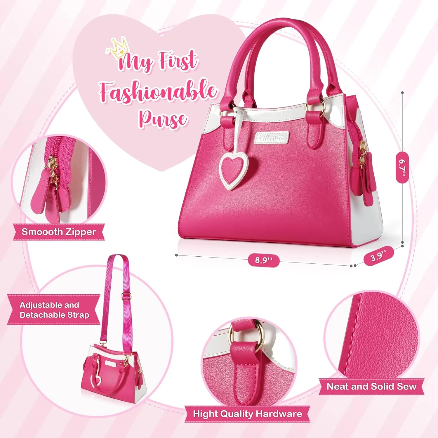 Shemira Play Purse for Little Girls, Princess Pretend Toys for Girls 3 4 5 6 7 8 Years Old, Christmas & Birthday Gift for Kids Age 3-5 4-6 6-8, Toddler Purse with Accessories, Kids Toy Purse,Pink