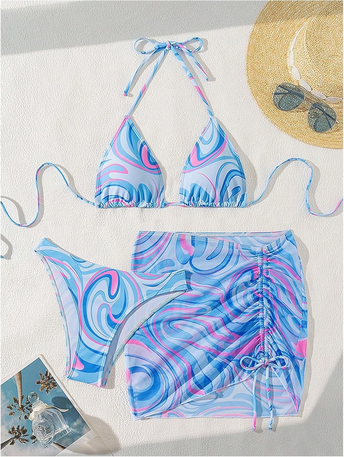 SHENHE Women's 3 Piece Swimsuit Marble Print Triangle Halter Bikini Set with Cover Up Skirt