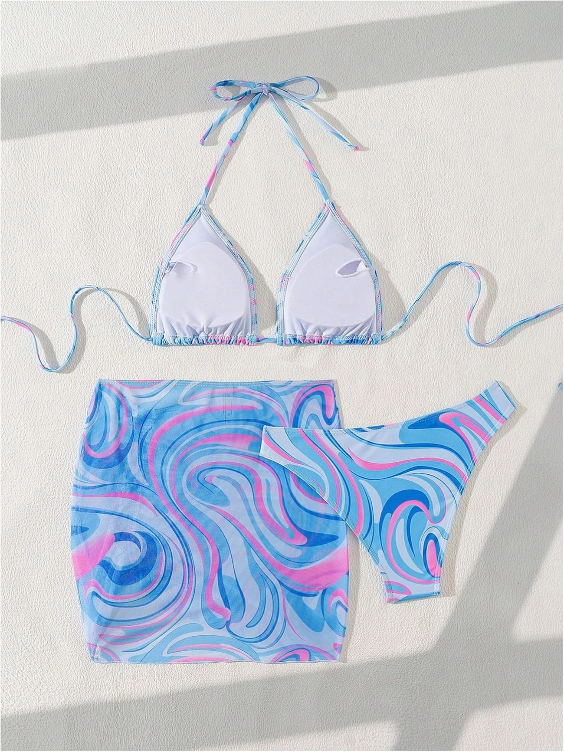 SHENHE Women's 3 Piece Swimsuit Marble Print Triangle Halter Bikini Set with Cover Up Skirt