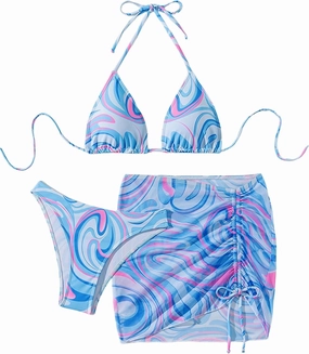 SHENHE Women's 3 Piece Swimsuit Marble Print Triangle Halter Bikini Set with Cover Up Skirt