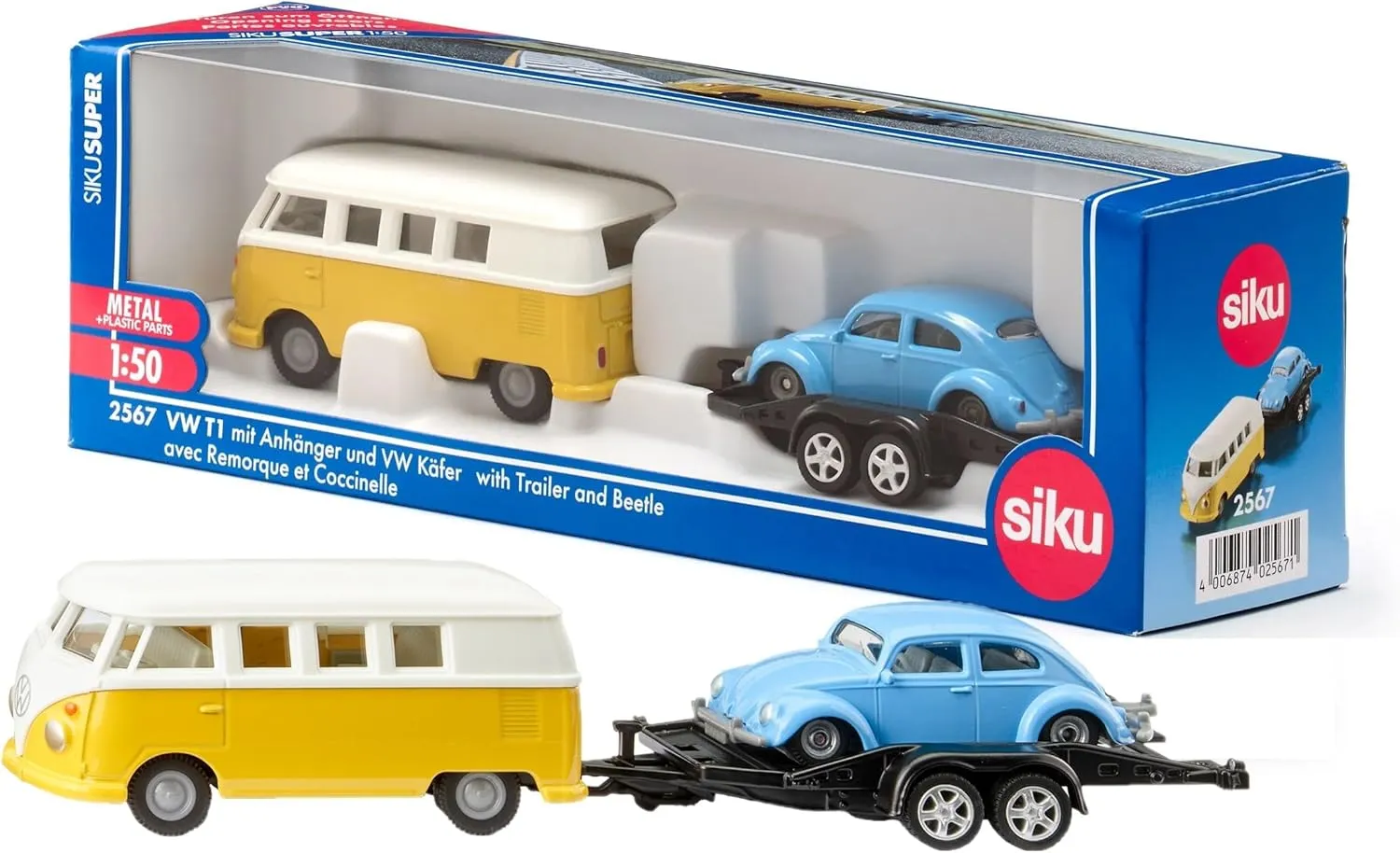 Siku - Volkswagen T1 with Trailer and Beetle - Yellow/White/Blue - Sturdy Model Vehicle Set - Metal and Plastic - PVC Free - Small-Scale Toy - Stable Construction - from 3 Years Old and Up - SK-2567
