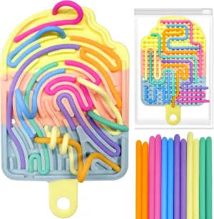 Silicone Sensory Activity Board, Double-Side Fidget Toy for Anxiety, Stress, ADHD, Autism and Calming, Silent, No Mess, Sensory Board with Portable Travel Bag & 12 Strings, Kids 3  & Adults, Colorful
