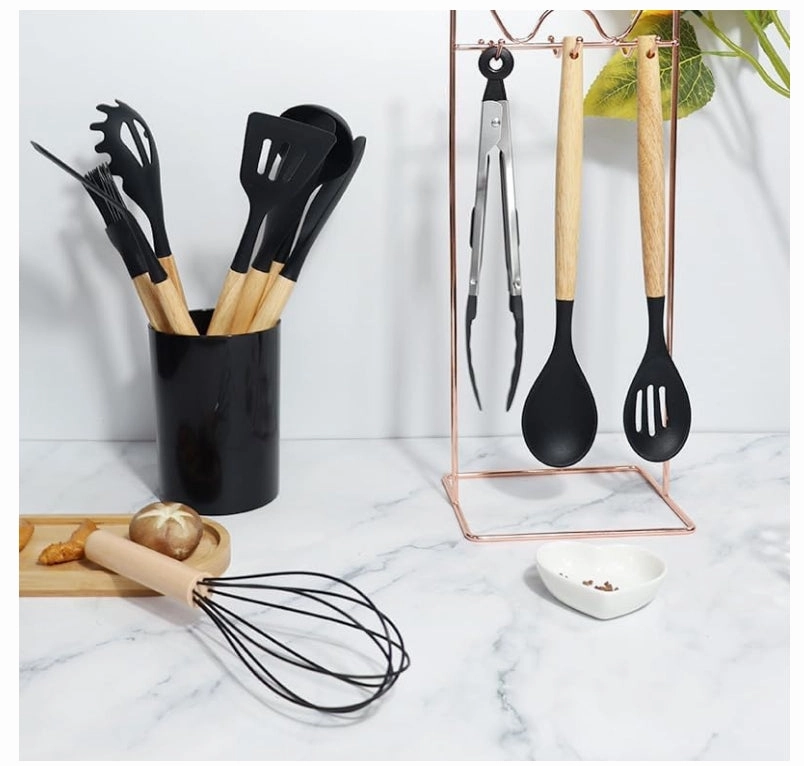 Silicone Kitchen Tool Set, 12 Pieces, Spoons, Spatulas, Tongs (Black)