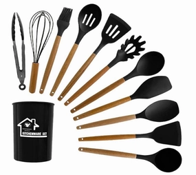 Silicone Kitchen Tool Set, 12 Pieces, Spoons, Spatulas, Tongs (Black)