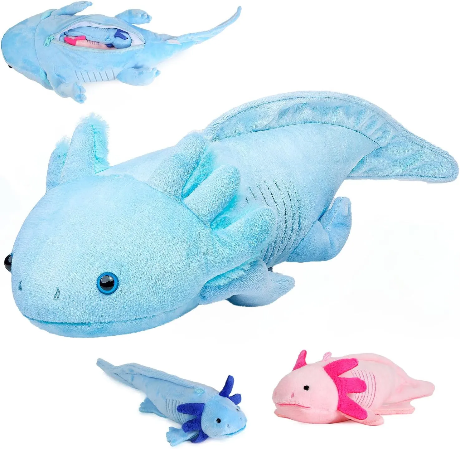 Simulation Blue Axolotl Plush Toy, Cute and Soft Zippered Blue Axolotl Set Stuffed Animal Plush Toys for Kids Boys and Girls Gifts, Room Decor