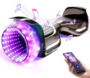 SISIGAD Chrome-plated Scooter, 6.5" Electric Scooters with Bluetooth & Flashing Tires & Dynamic 3D Light-Up Motors, All Terrains for Boys Girls Kids Teens Adults, C LED Tires Tunnel Black