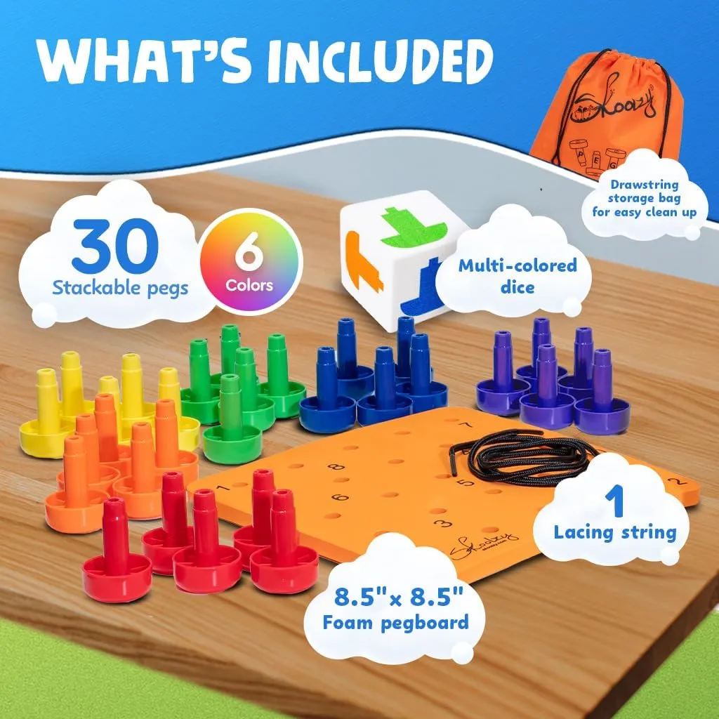 Skoolzy Peg Board Set - Montessori Toys for 2 Year Old - 33 Pc Peg Board for Kids - Occupational Therapy Toys with Pegs, Dice, Lacing String & Storage Bag - Montessori Toys for 2  Year Old
