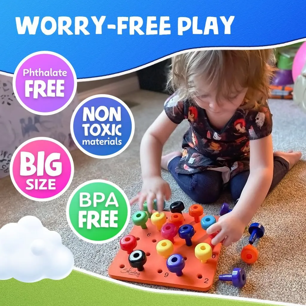 Skoolzy Peg Board Set - Montessori Toys for 2 Year Old - 33 Pc Peg Board for Kids - Occupational Therapy Toys with Pegs, Dice, Lacing String & Storage Bag - Montessori Toys for 2  Year Old