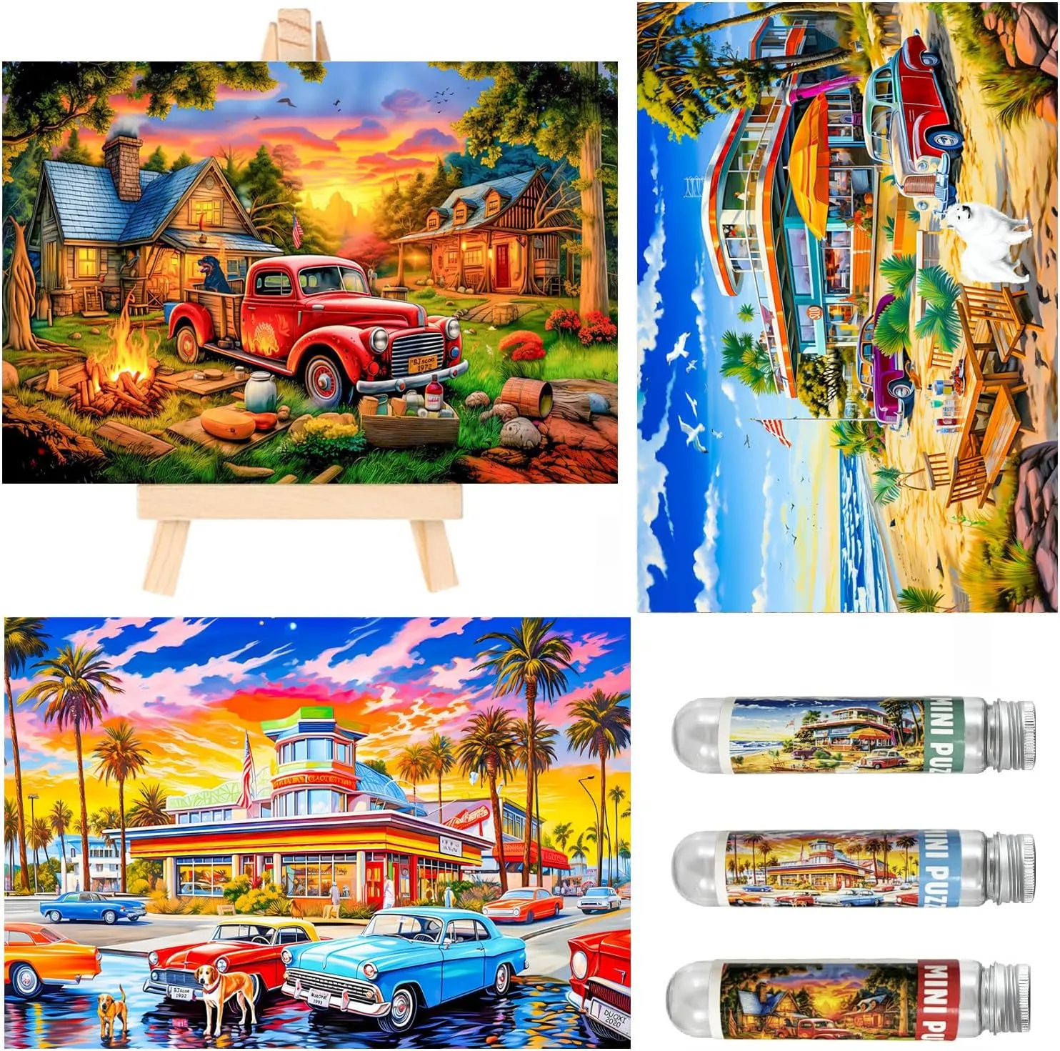Small Jigsaw Puzzles for Adults 150 Pieces American Retro Illustration Mini Jigsaw Puzzles Challenging Mini Puzzles Tiny Jigsaw Puzzles 6 x 4 Inches, 3 Pcs,Mini Easel Included