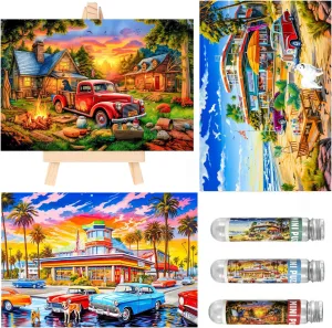 Small Jigsaw Puzzles for Adults 150 Pieces American Retro Illustration Mini Jigsaw Puzzles Challenging Mini Puzzles Tiny Jigsaw Puzzles 6 x 4 Inches, 3 Pcs,Mini Easel Included