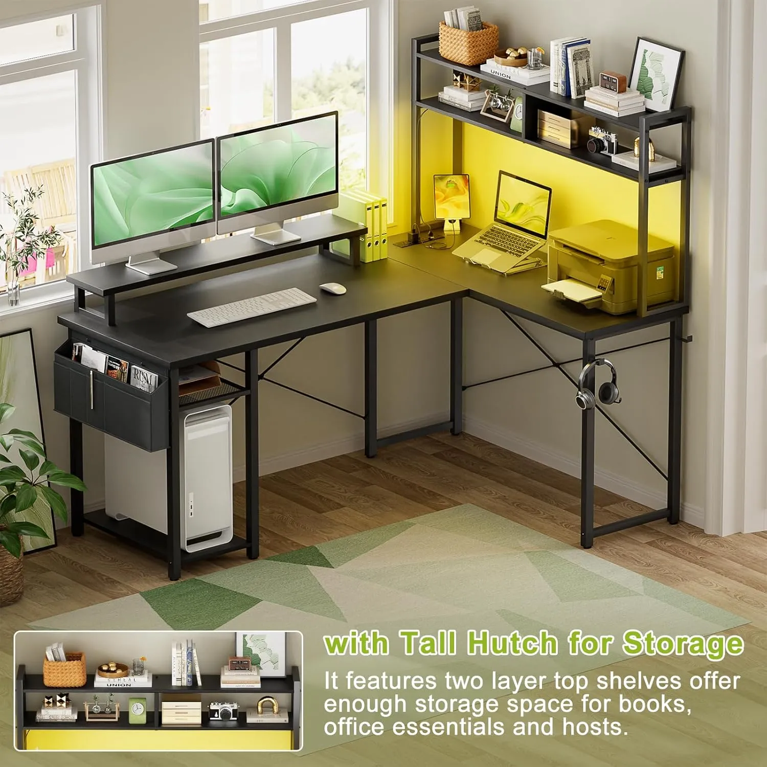 Small L Shaped Desk Gaming Desk with Power Outlets, 48" Reversible L Shaped LED Computer Desk with Monitor Stand & Storage Shelf, Corner Gamer Desk Home Office Desk with Storage Bag, Black