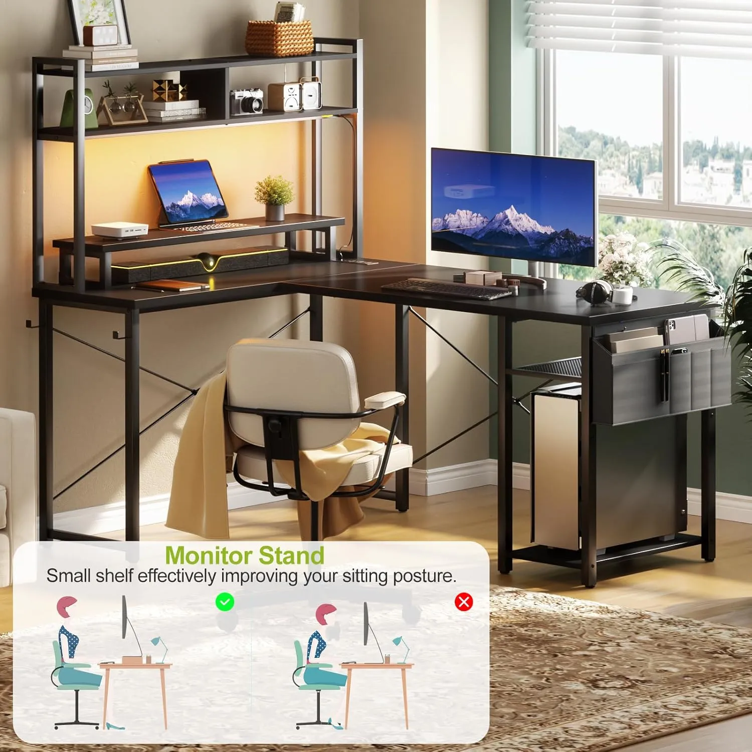 Small L Shaped Desk Gaming Desk with Power Outlets, 48" Reversible L Shaped LED Computer Desk with Monitor Stand & Storage Shelf, Corner Gamer Desk Home Office Desk with Storage Bag, Black