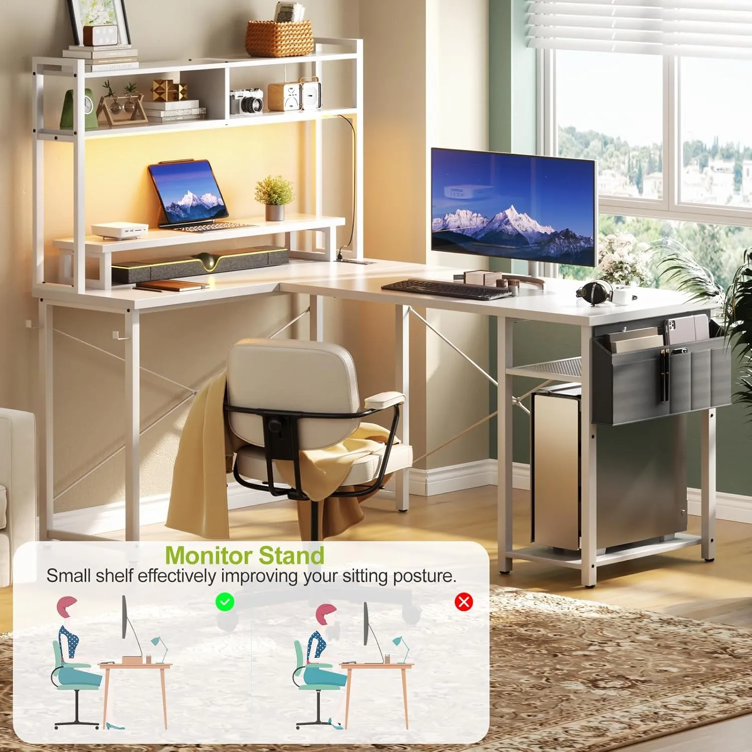 Small L Shaped Desk Gaming Desk with Power Outlets, 48" Reversible L Shaped LED Computer Desk with Monitor Stand & Storage Shelf, Corner Gamer Desk Home Office Desk with Storage Bag, White