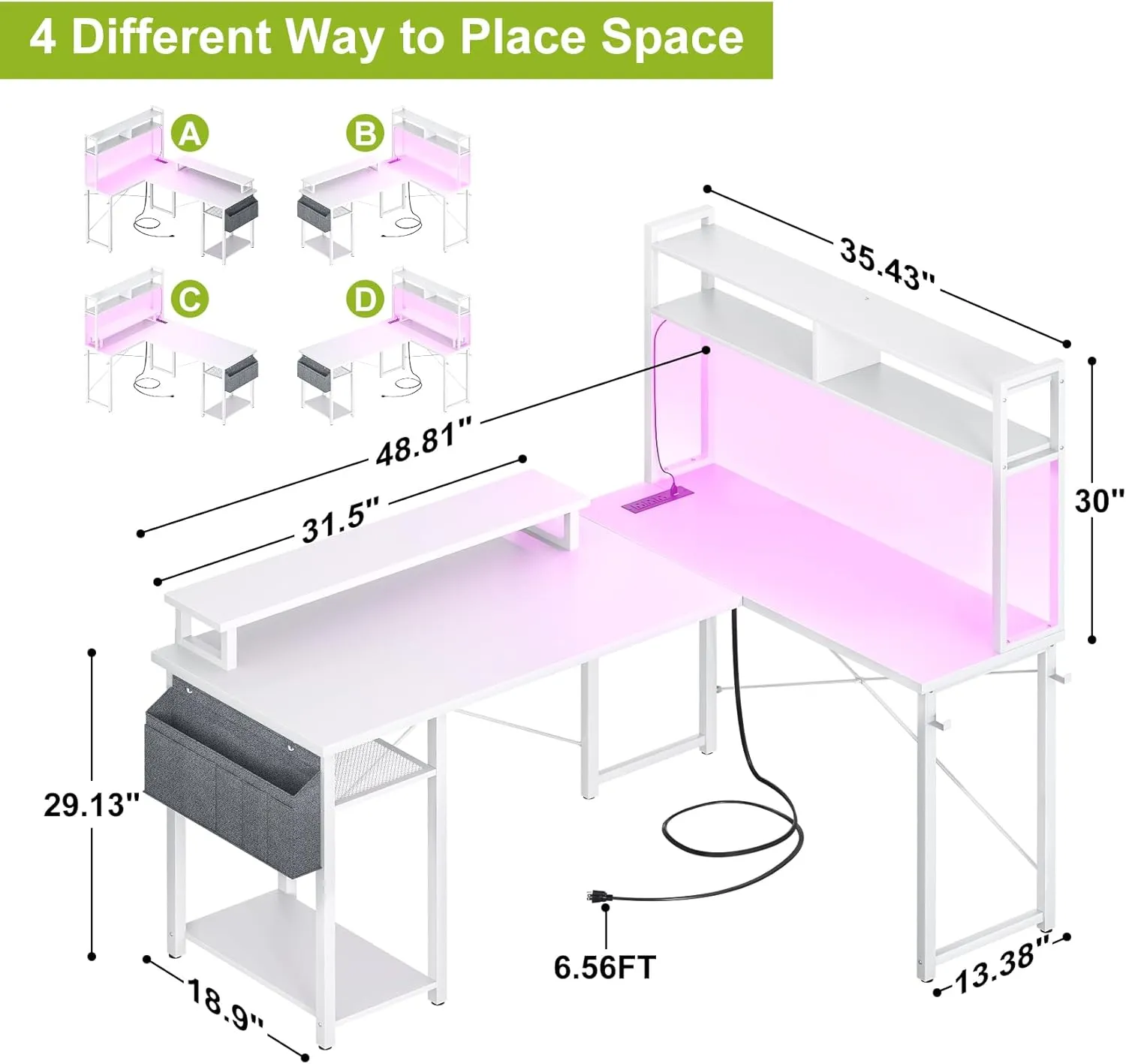 Small L Shaped Desk Gaming Desk with Power Outlets, 48" Reversible L Shaped LED Computer Desk with Monitor Stand & Storage Shelf, Corner Gamer Desk Home Office Desk with Storage Bag, White